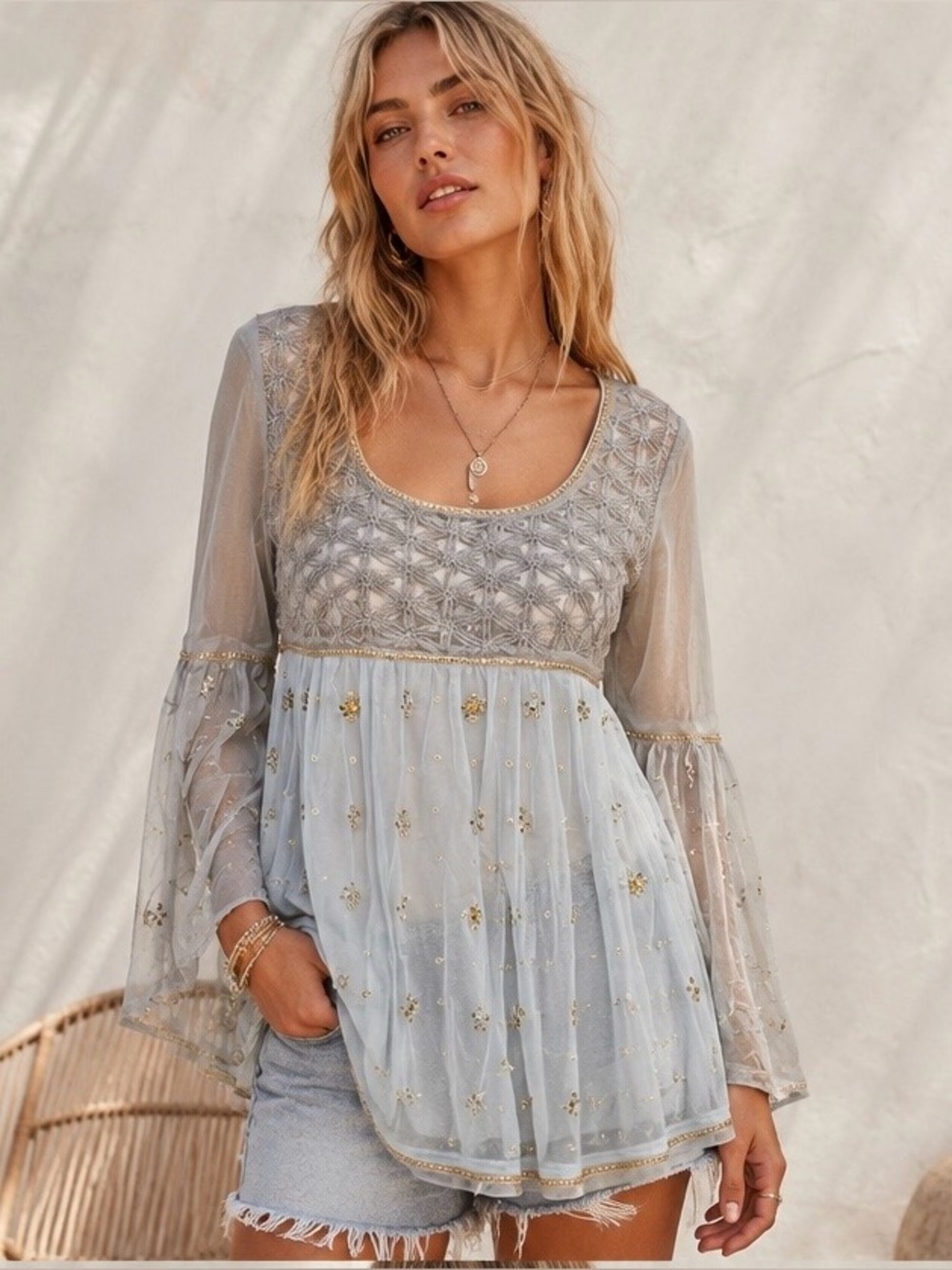 Free People Ethereal Sheer Embroidered Beaded Boho Babydoll Tunic Top 💙✨ L NWT!